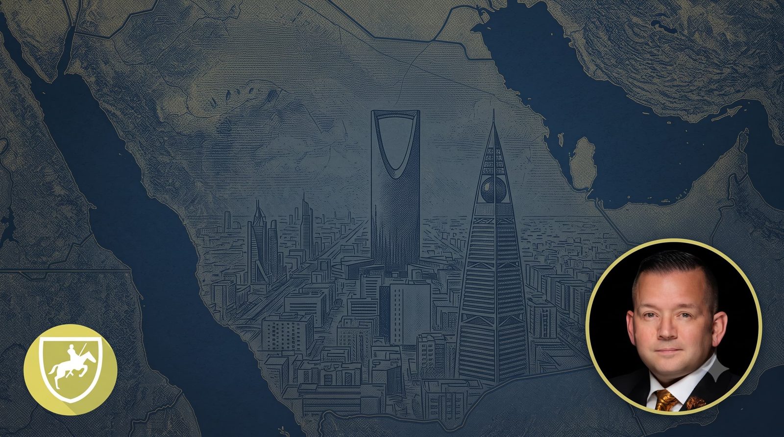 Stylised map of the Arabian Peninsula with an engraved Riyadh skyline, the AlFaris knight emblem, and a portrait of Nicholas S. Bingham