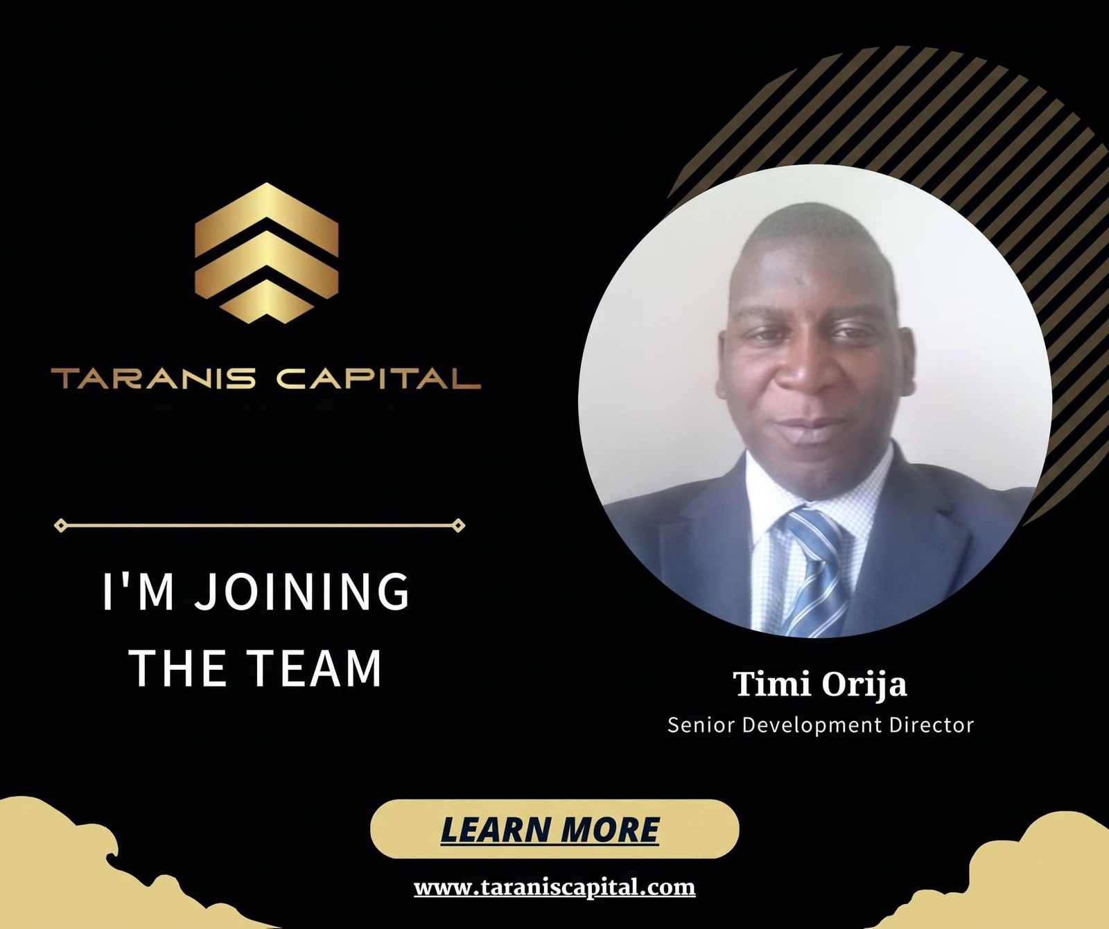 Taranis Capital announcement graphic with a portrait of Timi Orija, Senior Development Director